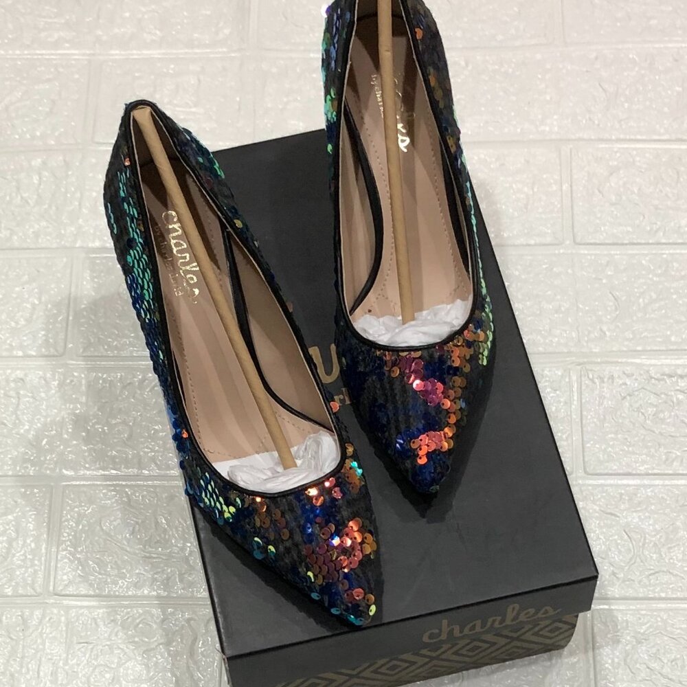 CHARLES BY CHARLES DAVID Sequined Pointed Toe Pump Plaid Heels Audrey Size 6.5